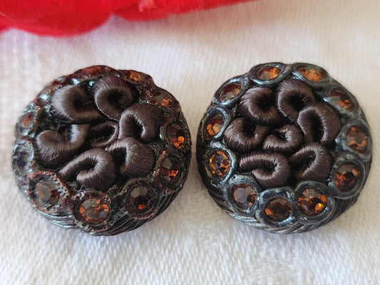 Duo bouton vintage résine et passementerie marron strass verre 2,3 cm G2G