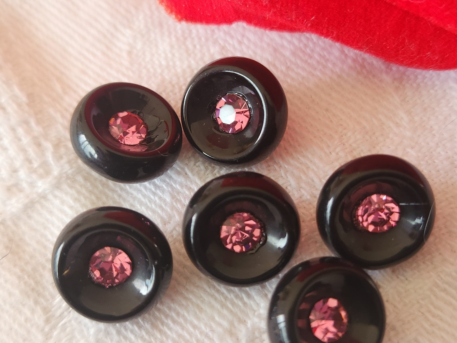 Lot 6 mini boutons en verre noir strass rose vintage 1 cm ou 10 mm ref 6425