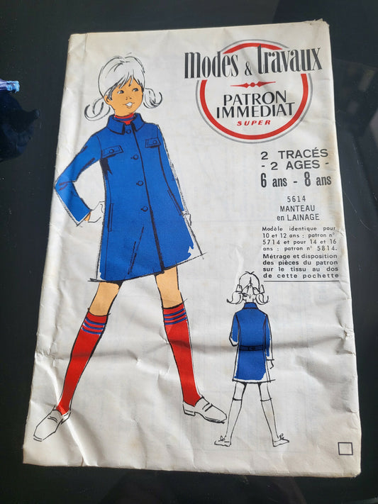 Patron vintage immédiat manteau lainage  6 /8 ans fillette enfant modes travaux