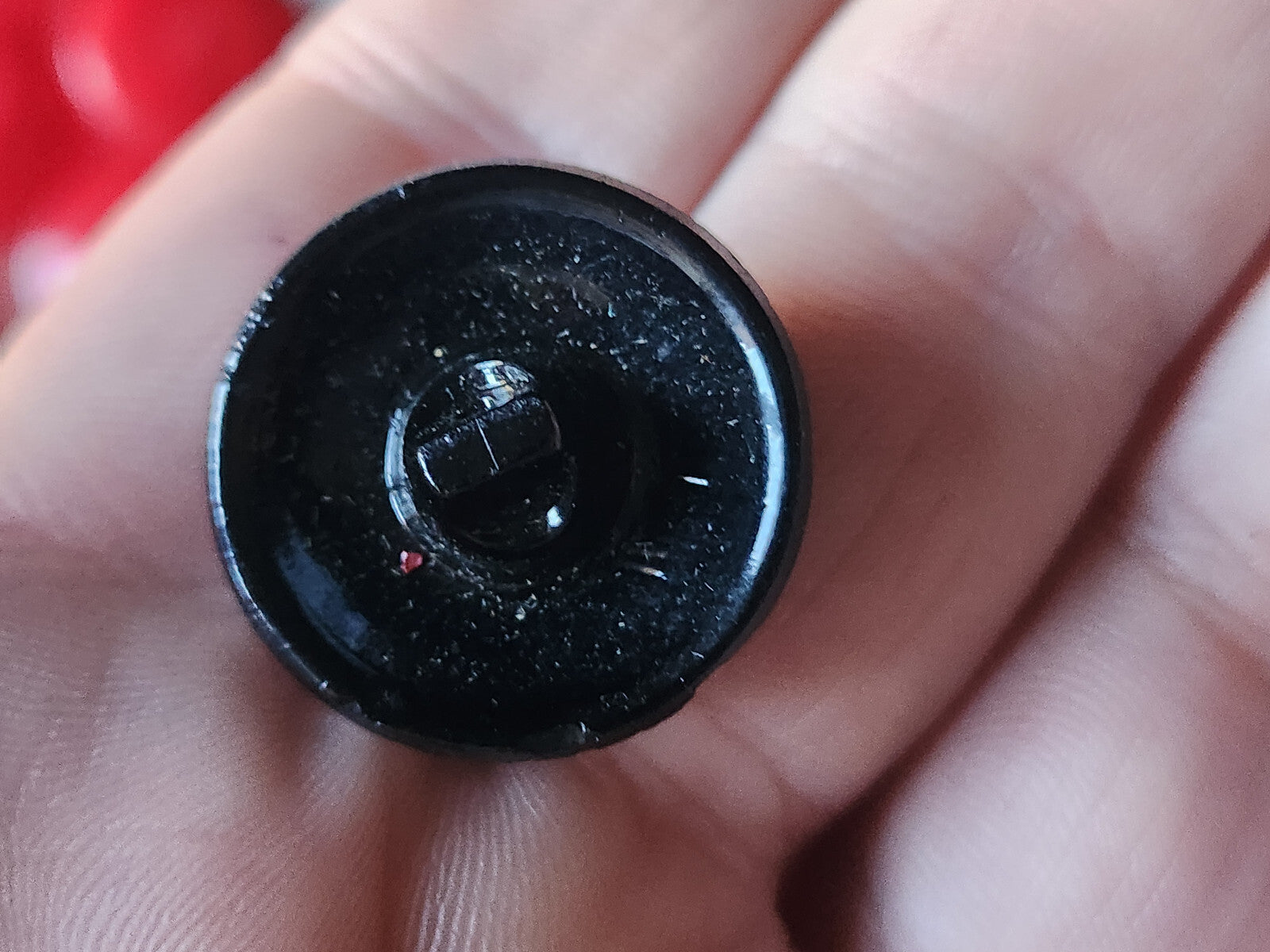 Bouton ancien en verre noir argenté effet tissé bombé pied 2,1 cm D7N