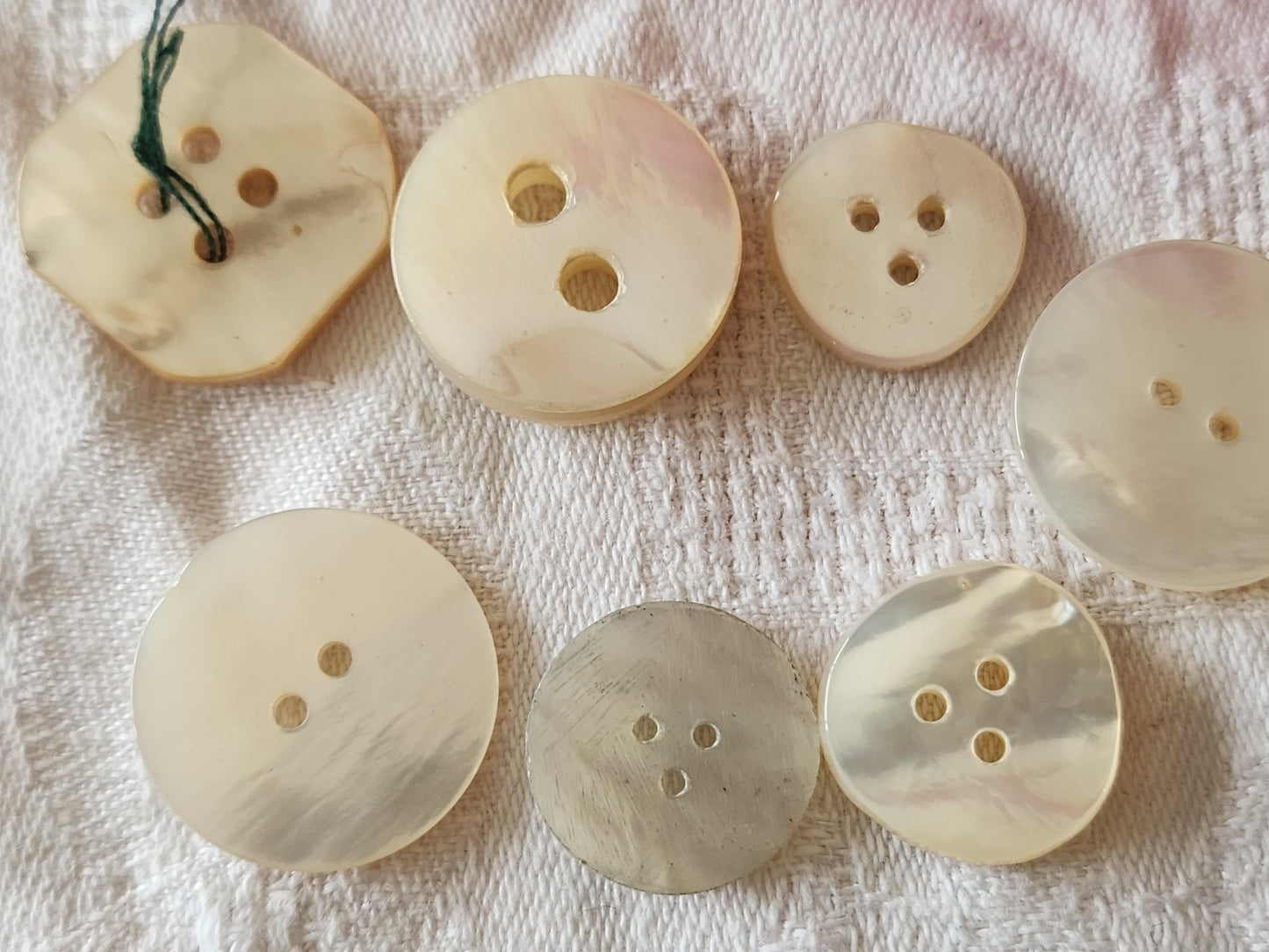 Panaché lot de 7 boutons anciens en nacre blanc 1,7 sur 2,2 cm ref 3947