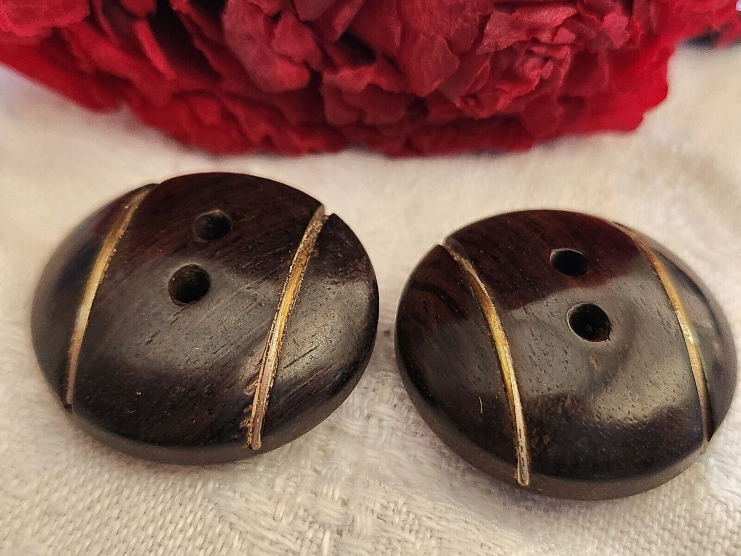 Collection duo  boutons ancien en bois bombé et liseré métal 2,4 cm D7S