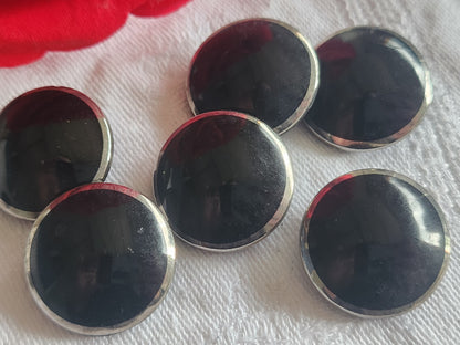 lot 6 gros boutons ancien en verre noir argenté  bombé lisse 2,2 cm ref 2877