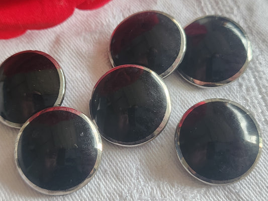 lot 6 gros boutons ancien en verre noir argenté  bombé lisse 2,2 cm ref 2877