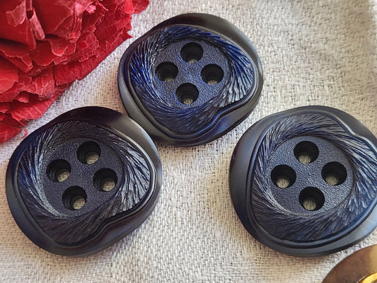 Trio gros boutons vintage  bleu ondulé texturé à trous diamètre 2,7 cm ref 2212