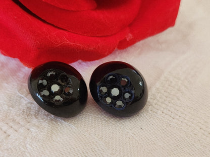Duo boutons vintage parurier collection resine strass noie et bleu 1,7 cm G2B