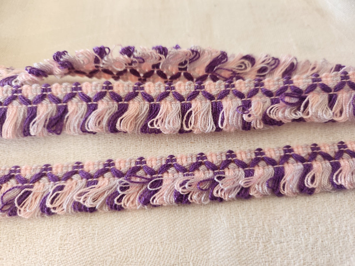 Galon vintage franges bouclettes rose violet 3 mètres sur 1,8 cm B3