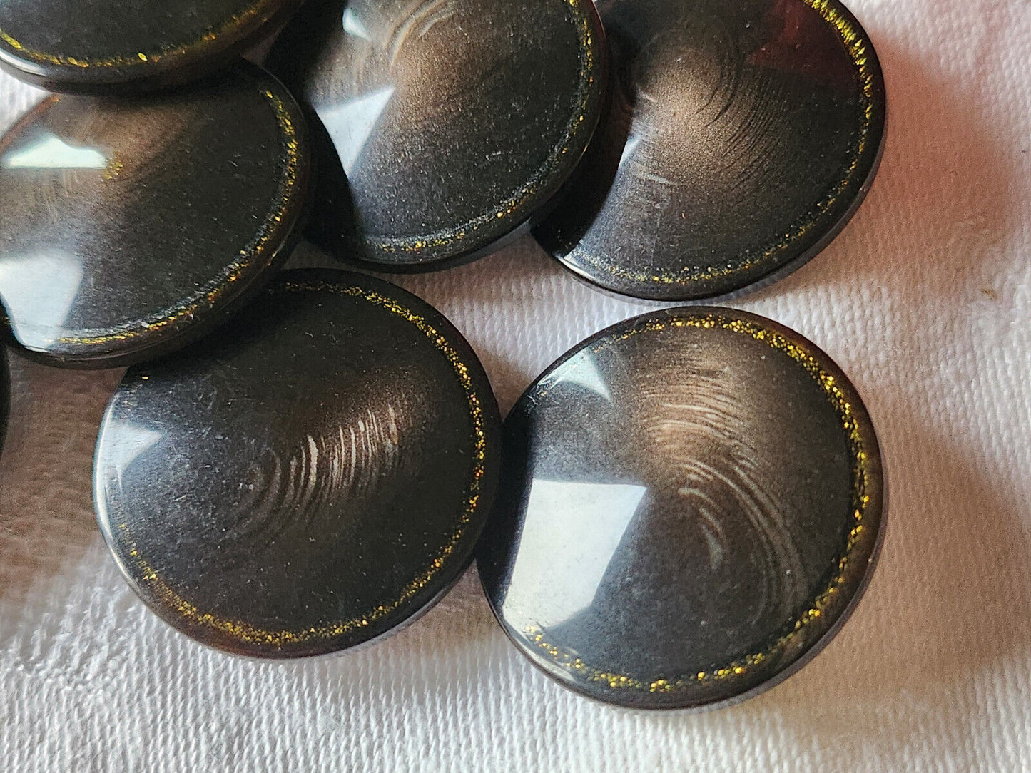 Lot 6 gros boutons vintage marron liseré paillette doré pied 3 cm ref 785