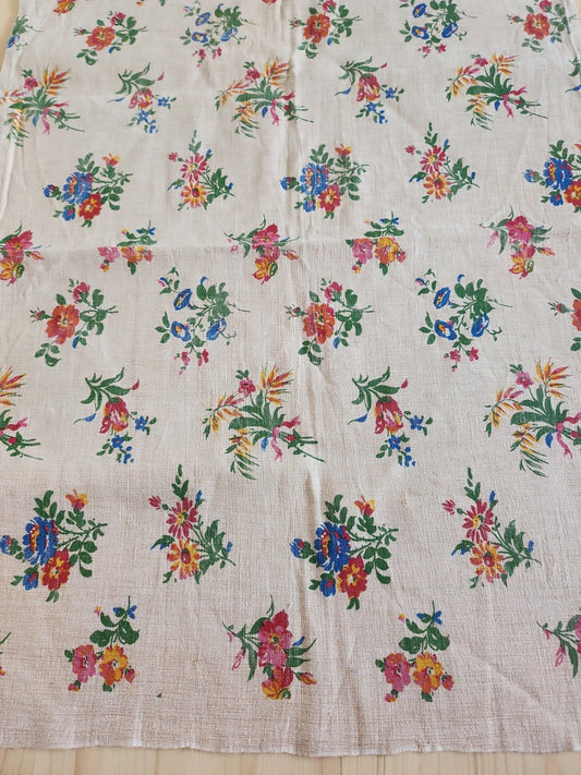 Ancien coupon de tissu lin fleur imprimé 59 cm sur 74 cm B5