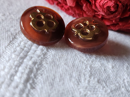 Duo boutons anciens en verre marron laiteux  vintage    1,7 cm D6J