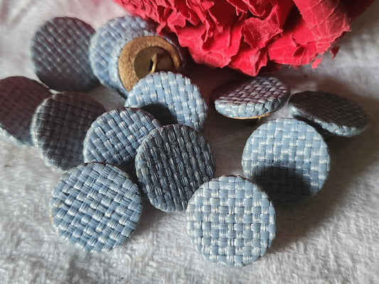 Lot 14 boutons anciens en rafia bleu passementerie pied cuir 1,5 cm ref 7021
