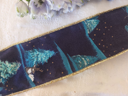 Large galon ruban  vintage sur 6,4 cm sapin bleu bord fil métal  2 métres B9