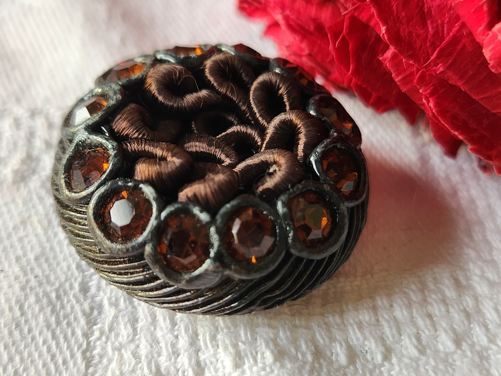 gros bouton vintage résine et passementerie marron strass verre 2,9 cm ref 3685