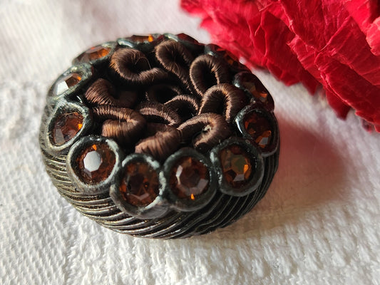 gros bouton vintage résine et passementerie marron strass verre 2,9 cm ref 3685