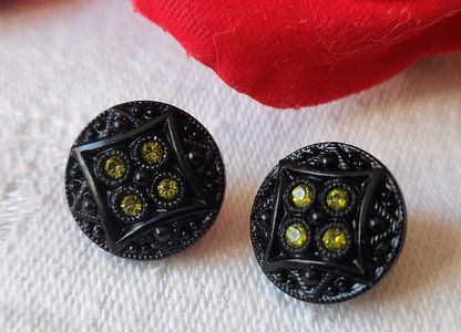 Duo boutons anciens en verre noir strass jaune vintage 1,3 cm D16A
