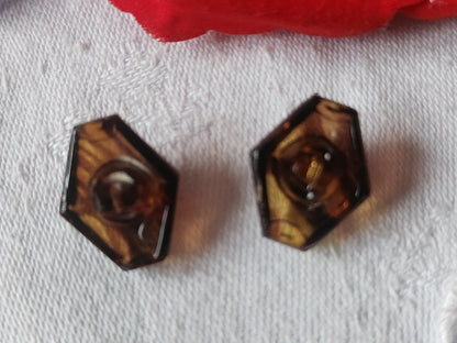 Duo boutons anciens en verre berlingot marron ecaille  1,4 sur 1,8 cm D9H