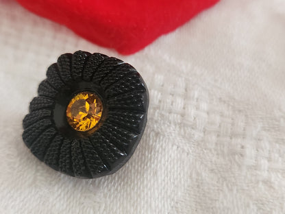 Bouton vintage en verre noir avec strass  orange marguerite 2 cm 20 mm G19H