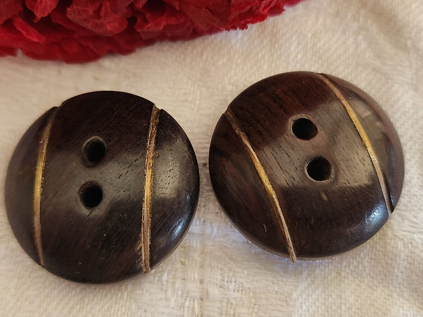 Collection duo  boutons ancien en bois bombé et liseré métal 2,4 cm D7S