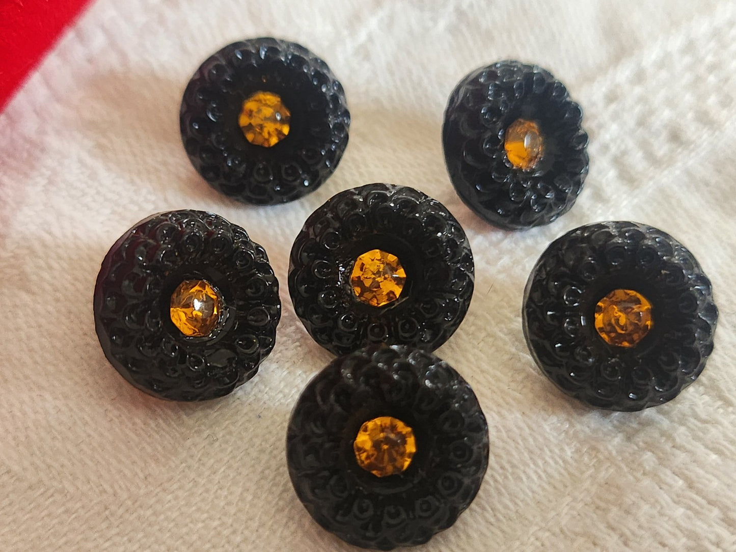 Lot 6 boutons vintage en verre noir avec strass orange 13 mm ou  1,3 cm ref 6355