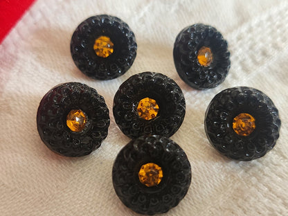 Lot 6 boutons vintage en verre noir avec strass orange 13 mm ou  1,3 cm ref 6355