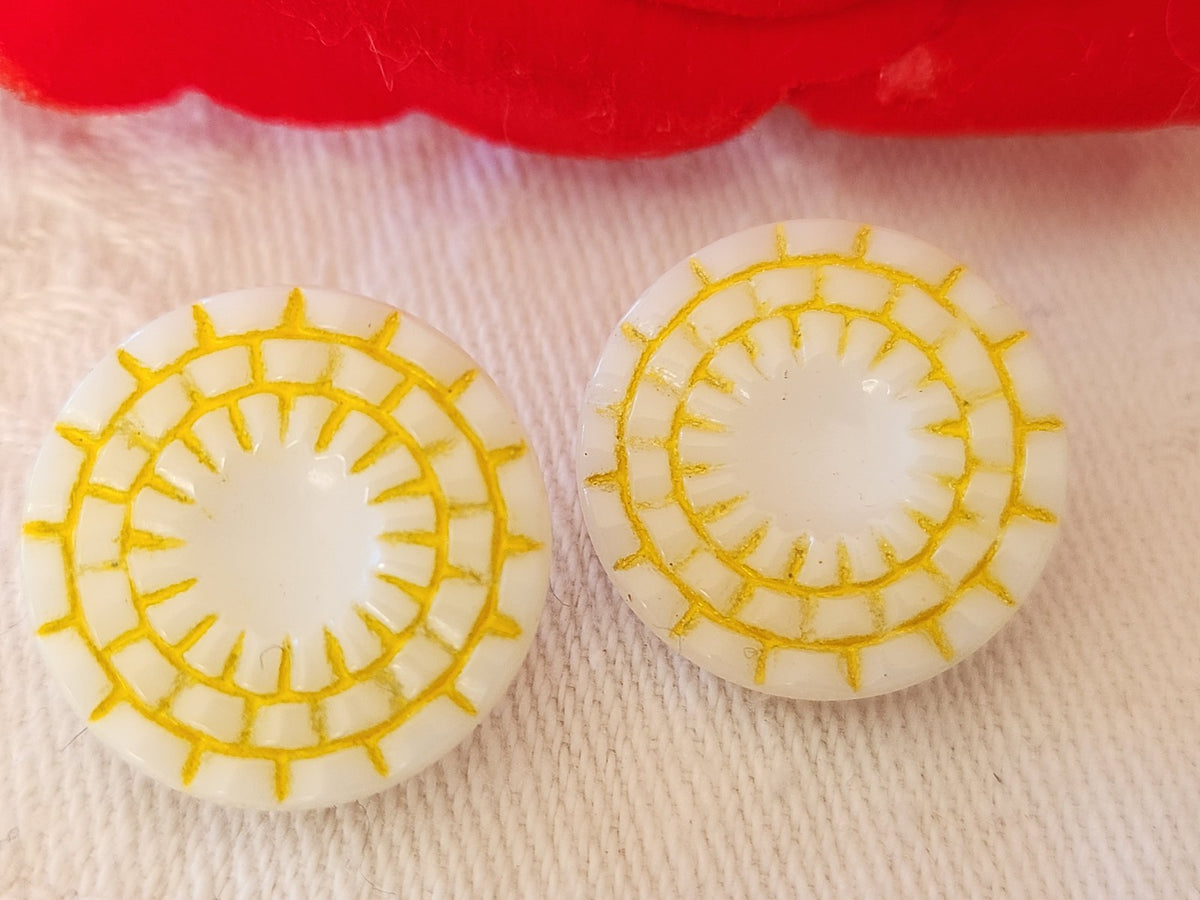 Duo boutons anciens en verre vintage jaune blanc 1,8 cm G11D