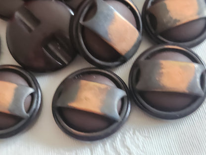 Lot 6 boutons vintage marron rehaussé de metal cuivré 2,4 cm ref 6394