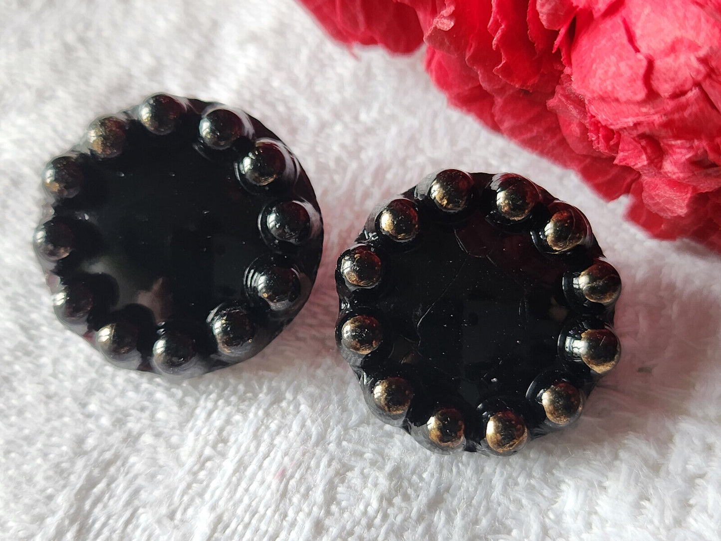 Duo boutons anciens en verre noir pourtour picot diamètre 1,8 cm D8C