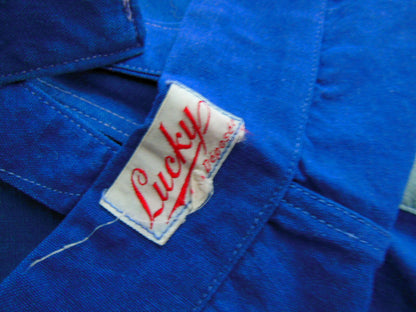 Petite salopette ancienne enfant grande poupée bleu de travail vintage 6 ans B1