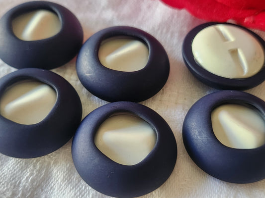 Lot 6 gros boutons vintage bicolore bleu blanc 2,5 cm pied ref 5526 **