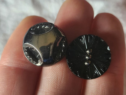 Duo boutons anciens en verre noir argenté vintage 1,8 cm G19D
