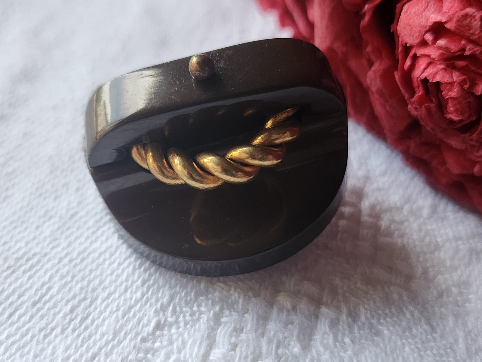 Gros bouton ancien marron torsade métal collection 2,6 cm G12I