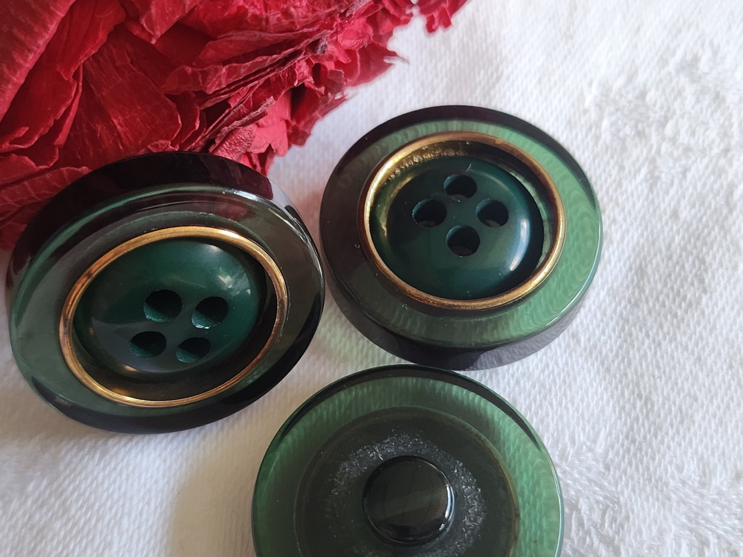 Trio gros boutons vintage vert transparent pied 2,7 cm ref 1327