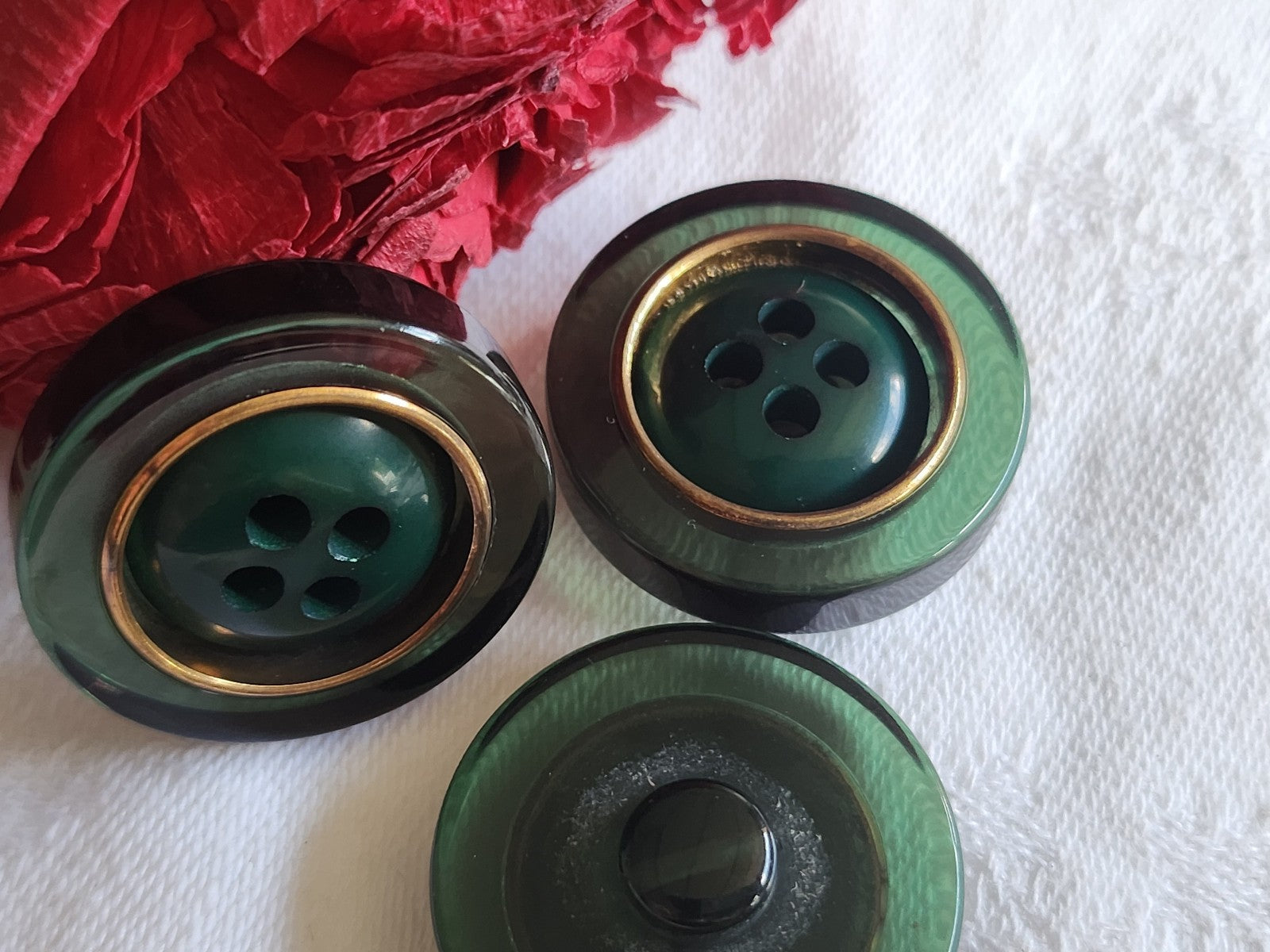 Trio gros boutons vintage vert transparent pied 2,7 cm ref 1327