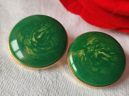 Duo boutons vintage  métal vert paillette doré 2,2 cm pied  D5G