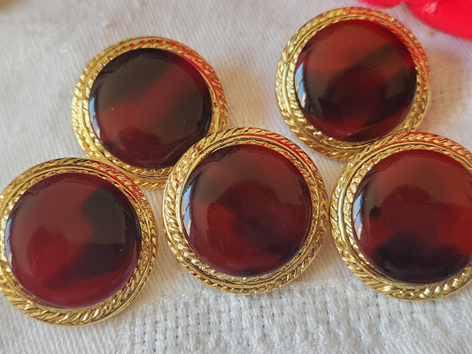 Lot 5 gros boutons vintage rouge doré acryllique pied 2,5 cm ref 5034