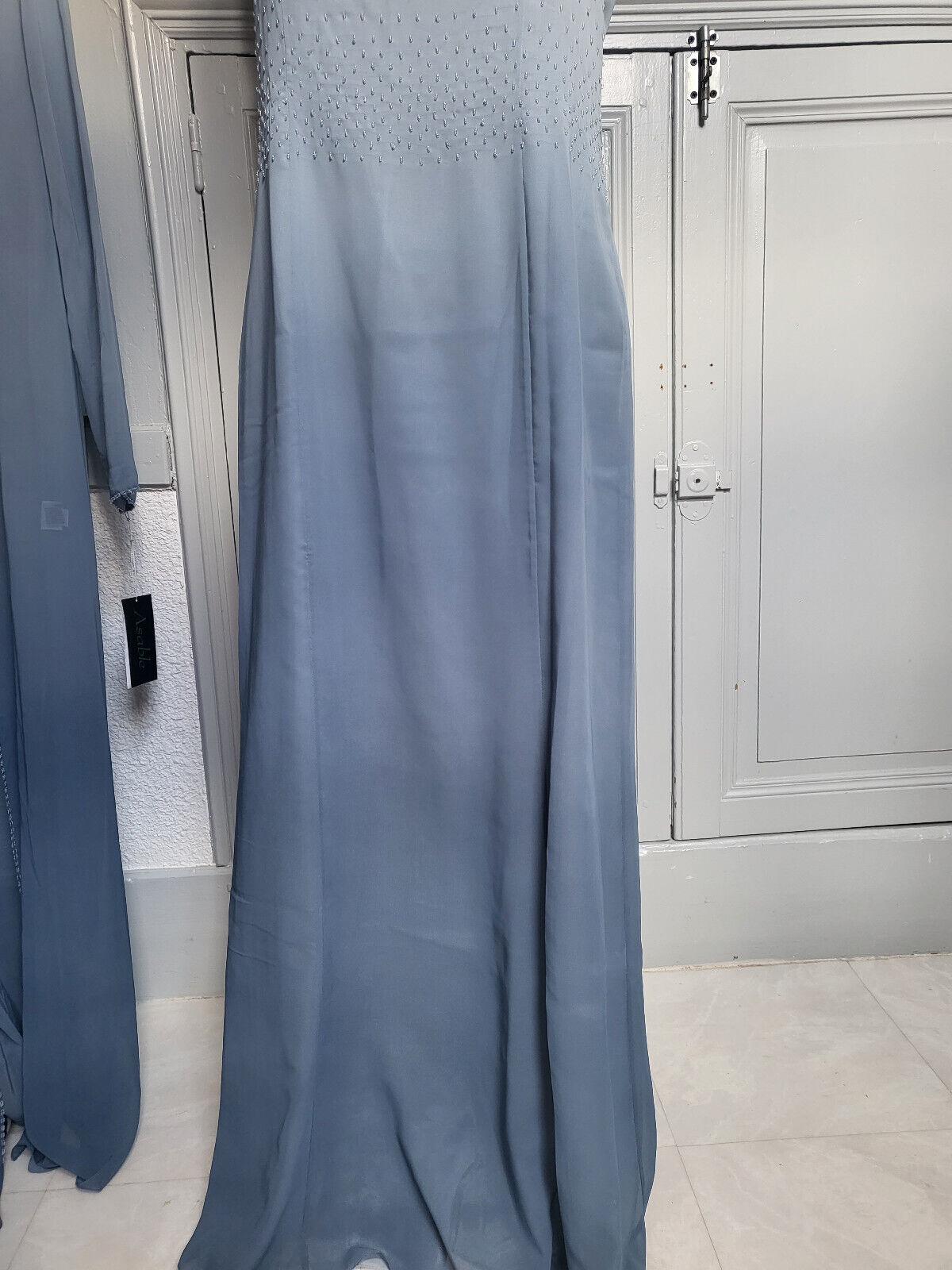 Robe soirée avec veste longue dégradé bleu gris soirée mariage neuf taille 42