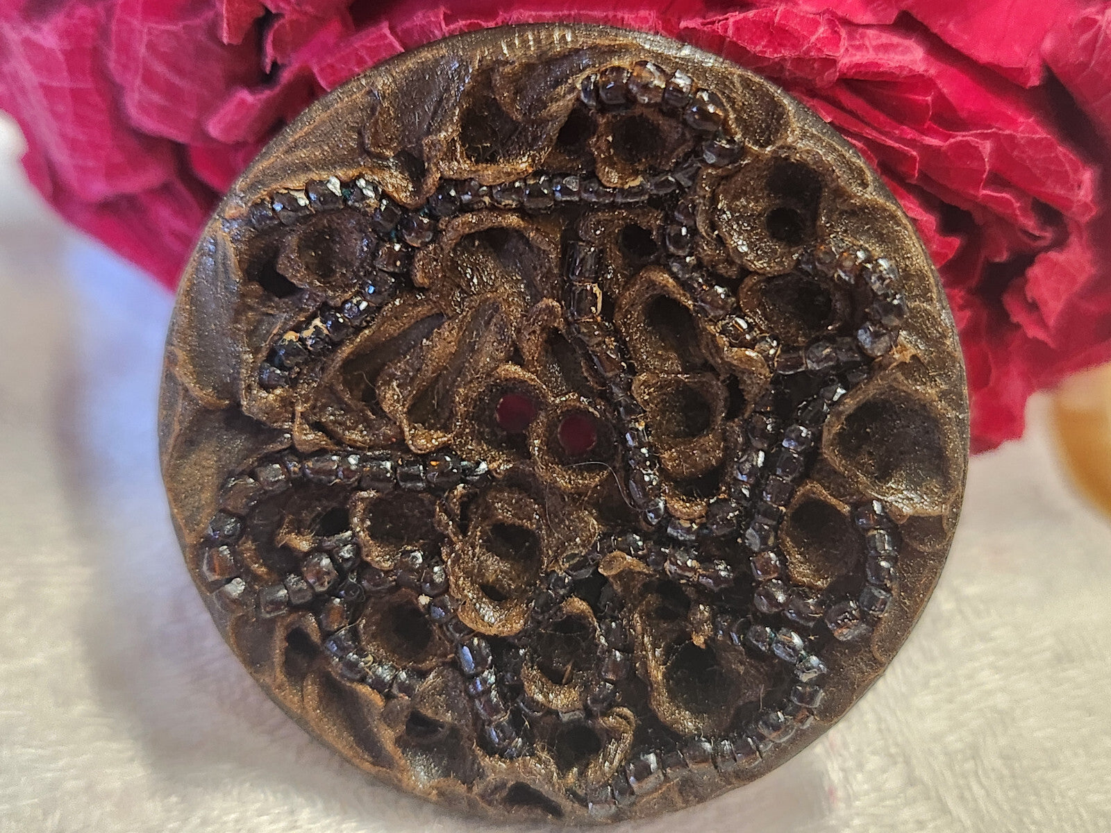 Collection gros bouton vintage résine perle marron trous 4 cm ref 0050