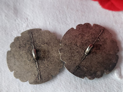 Duo gros boutons vintage en métal  3 cm coeur lie de vin pied D5P