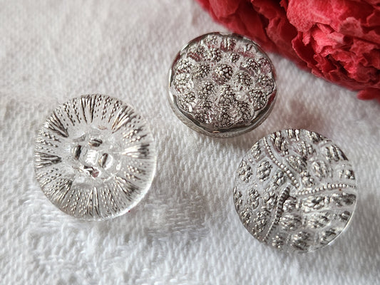 Trio boutons anciens en verre transparent argenté  1,2/1,3 cm G3C