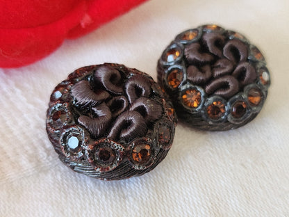 Duo bouton vintage résine et passementerie marron strass verre 2,3 cm G2G