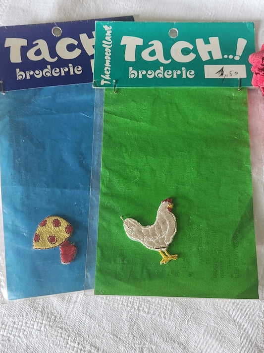 Duo anciens patch vintage thermocollant "poule champignon"  customisation T14