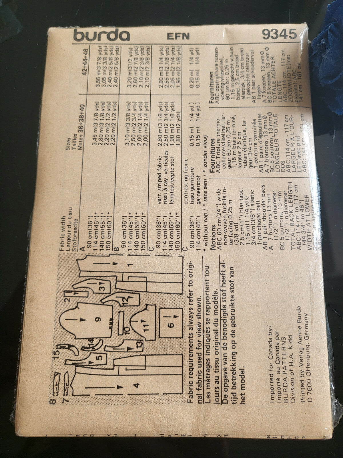Patron année 80 robe Burda 9345  en Français anglais allemand 42 à 46 ancien