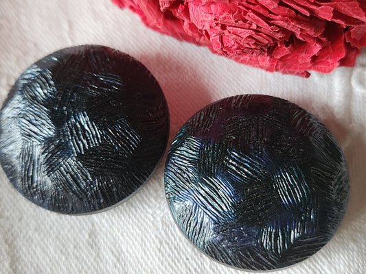 Duo gros boutons vintage bombé tecturé noir bleu pied 3,3 cm ref 883