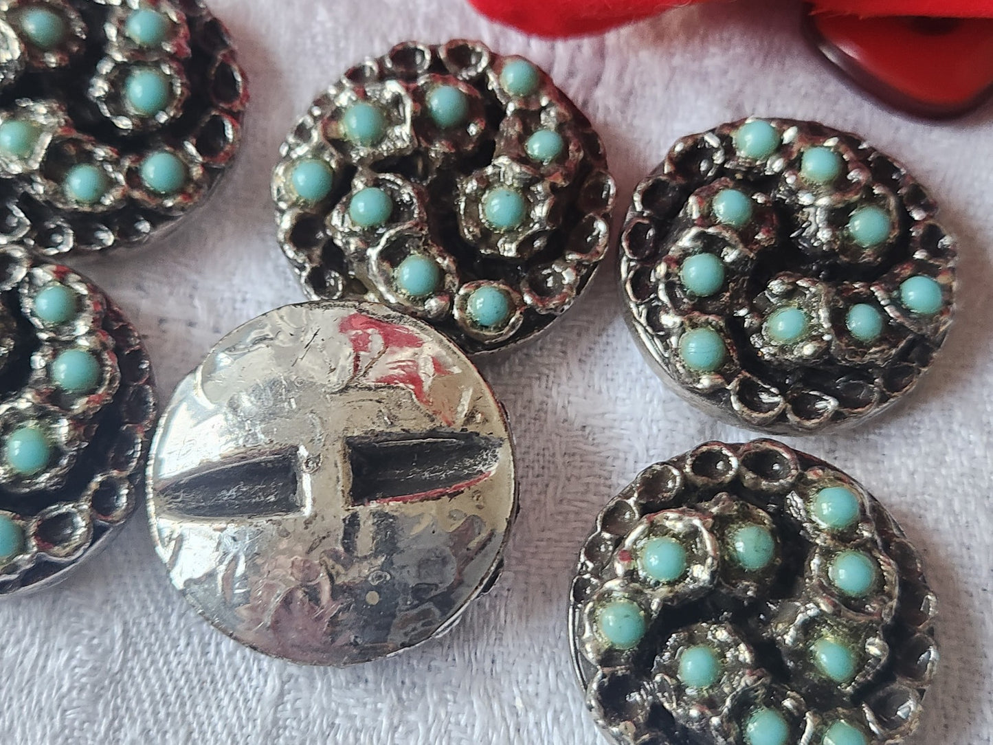 Gros bouton en résine bronze perle  bleu vintage pied 2,5 cm ref 5567