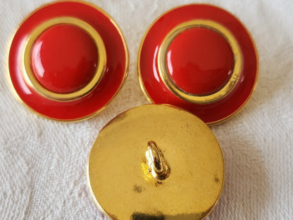 Trio gros boutons vintage en metal émaillé rouge doré  2,7 cm lourd ref 6607