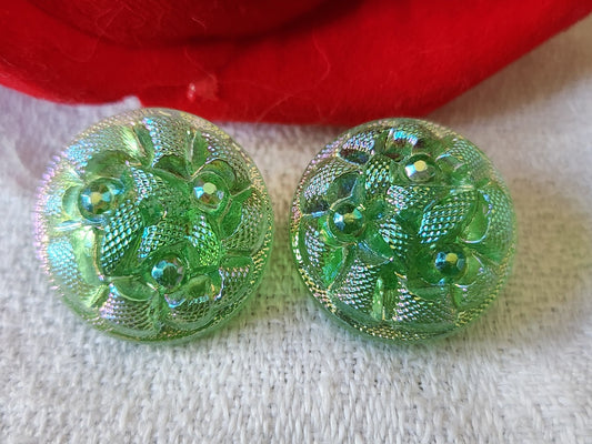 Duo boutons anciens en verre vintage mordoré vert 1,7 cm G18E