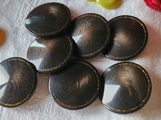 Lot 6 gros boutons vintage marron liseré paillette doré pied 3 cm ref 785