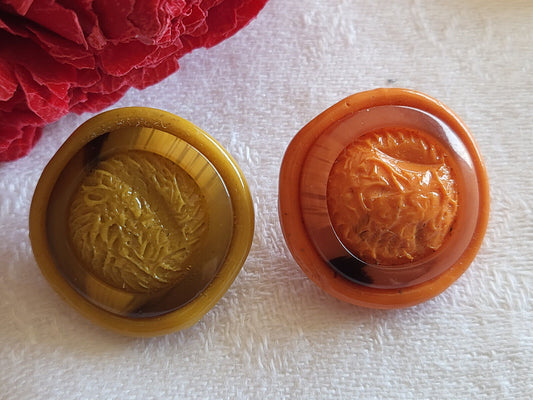 Duo boutons vintage en résine pour collection ocre orange 2,1 cm G5C