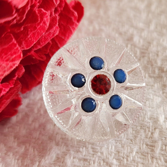 Bouton ancien en verre avec strass rouge bleu  1,7 cm G14Q