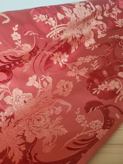 Ancien coupon de tissu damassé rose fleur pivoine broché 126 cm sur 90 cm B4